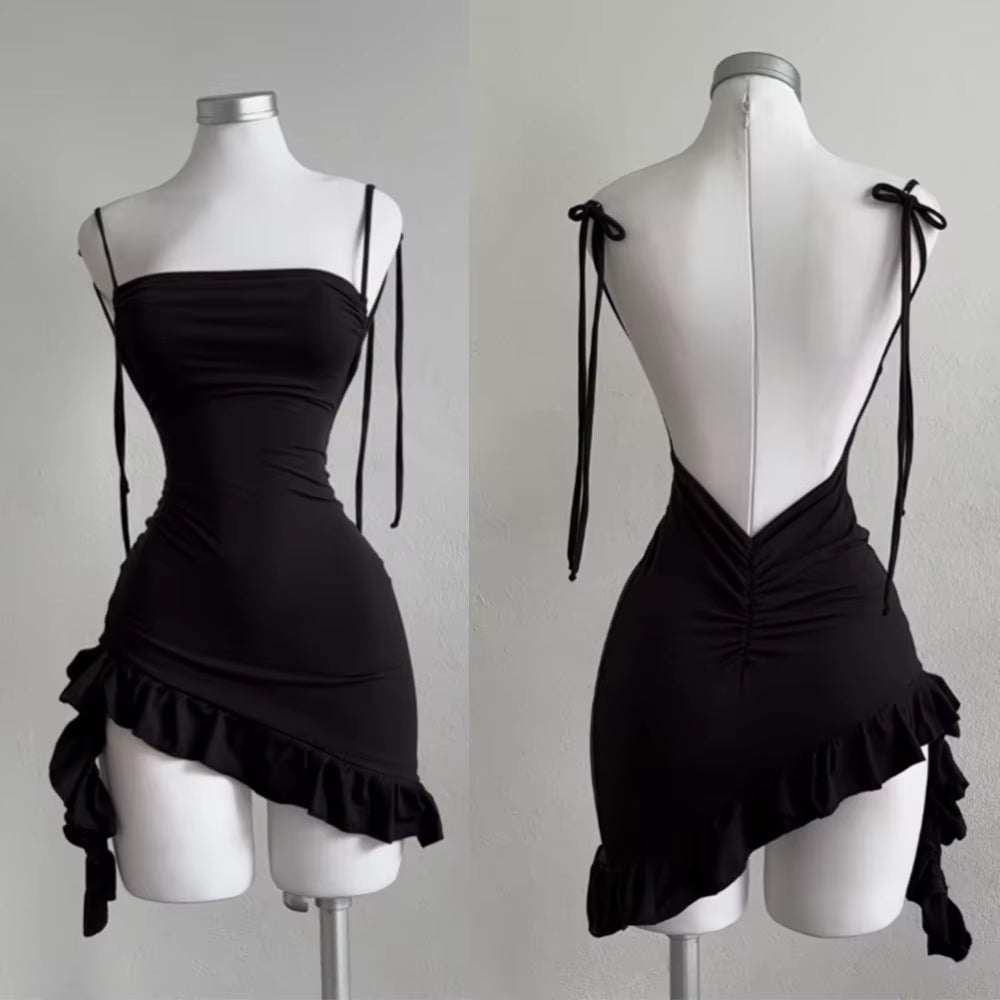 Sleeveless Backless Ruffles Mini Dress Women Summer Y2K Lace up Black Bodycon Dresses Party Club Streetwear 2025 New Sundress
