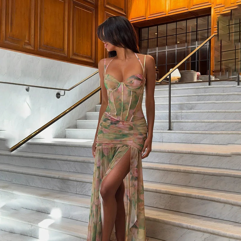 Sexy Sleeveless Floral Print Long Dresses Fashion Women Split Spaghetti Strap Summer Bodycon Casual Beach Evening Party Vestidos