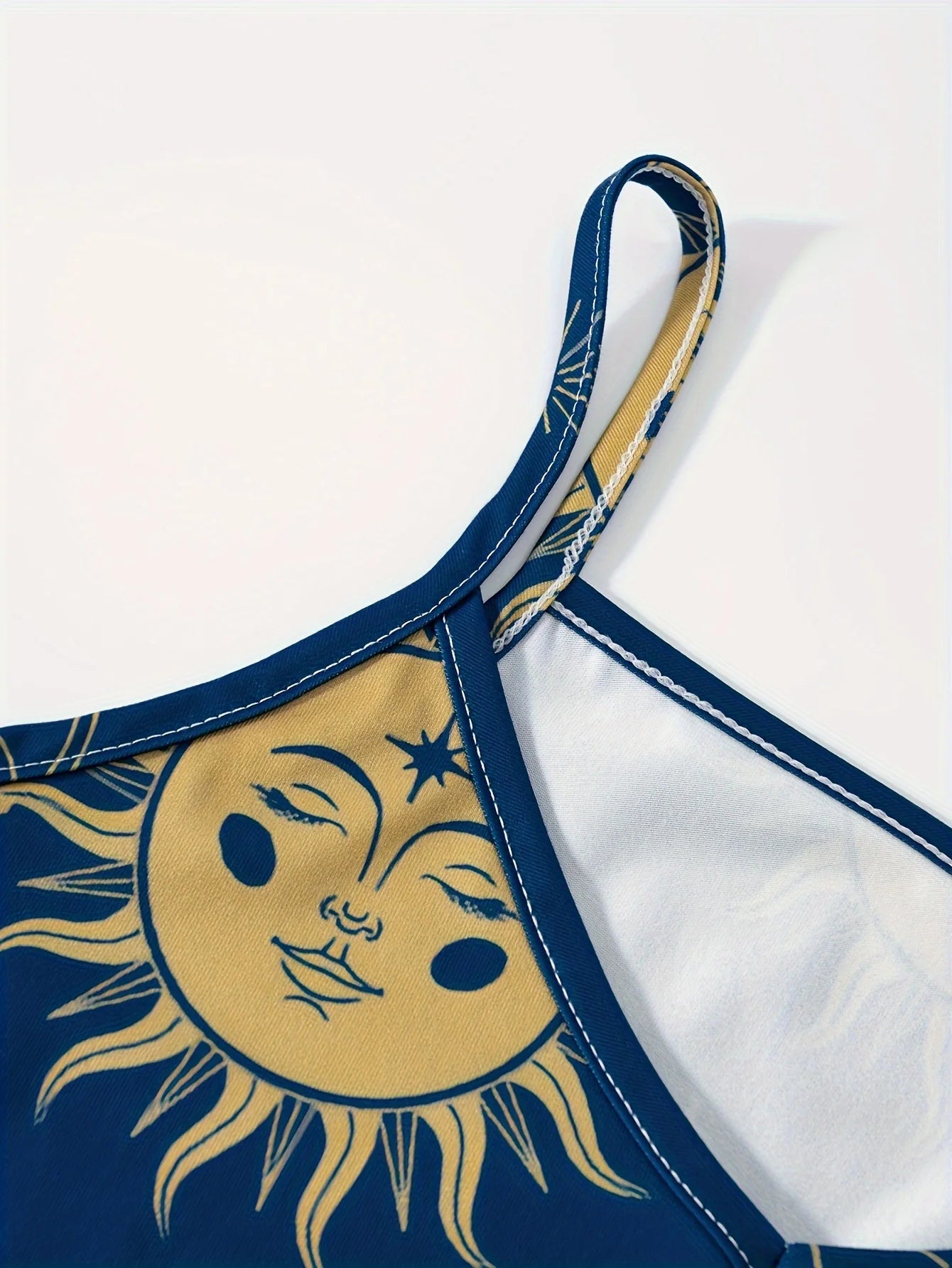 Printed Design Four Seasons Casual Style Sun Moon Stars Pattern Print V-Neck Sling Dress