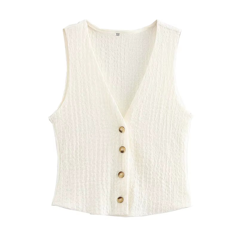 Women Fashion 2 Piece Set Solid Single Breasted Tank Tops & Vintage High Elastic Waist Pants Female Chic Pants Suit