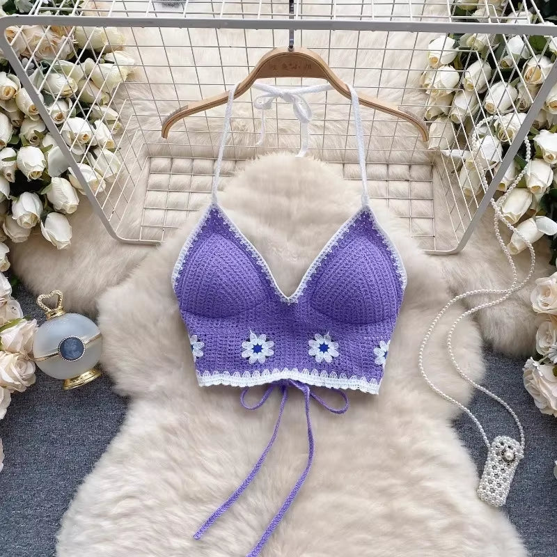 Vacation Style Camis Vest Women Patchwork Sweet Hook Flower Sexy Backless Suspender Camisole Hanging Neck Outwear Crop Tops