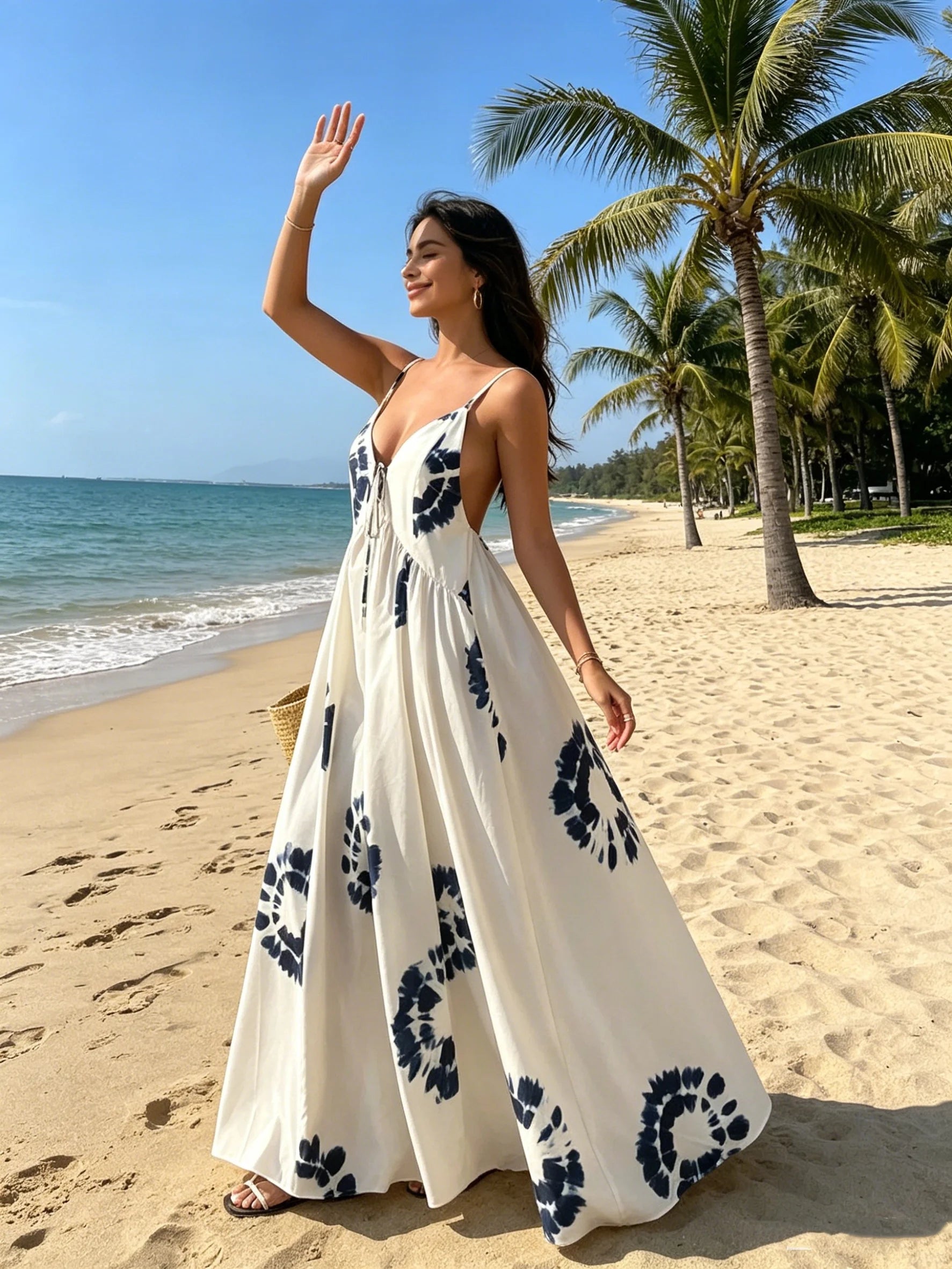 European and American Seaside Leisure Vacation Style Deep V Large Swing Simple Printed Waist Slimming and Belly Covering Dress